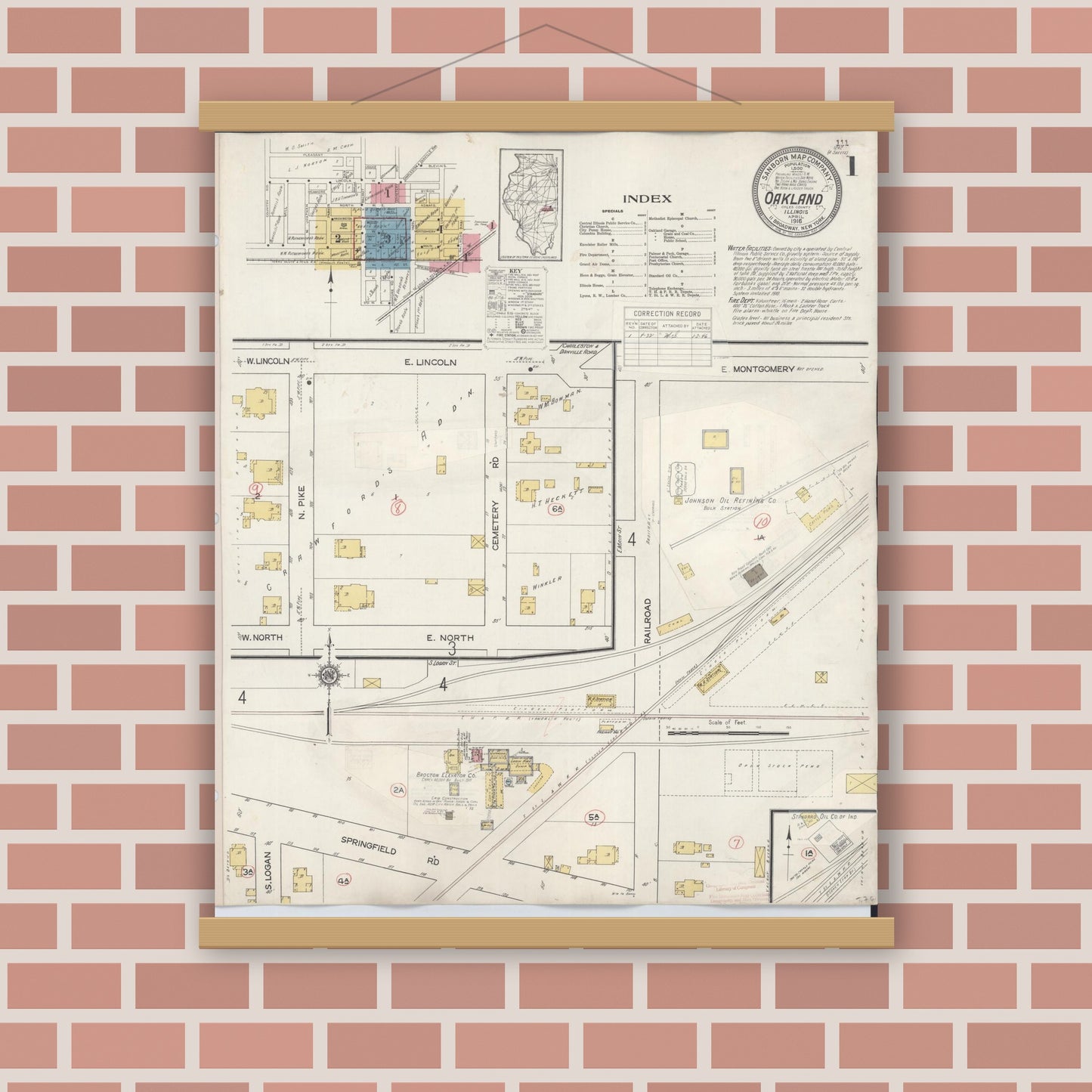 Old map wall art mockup — magnetic wood frame on brick wall — Sanborn Fire Insurance Map from Oakland, Coles County, Illinois (1932) - Complete Map Set