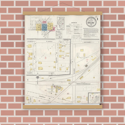 Old map wall art mockup — magnetic wood frame on brick wall — Sanborn Fire Insurance Map from Oakland, Coles County, Illinois (1932) - Complete Map Set