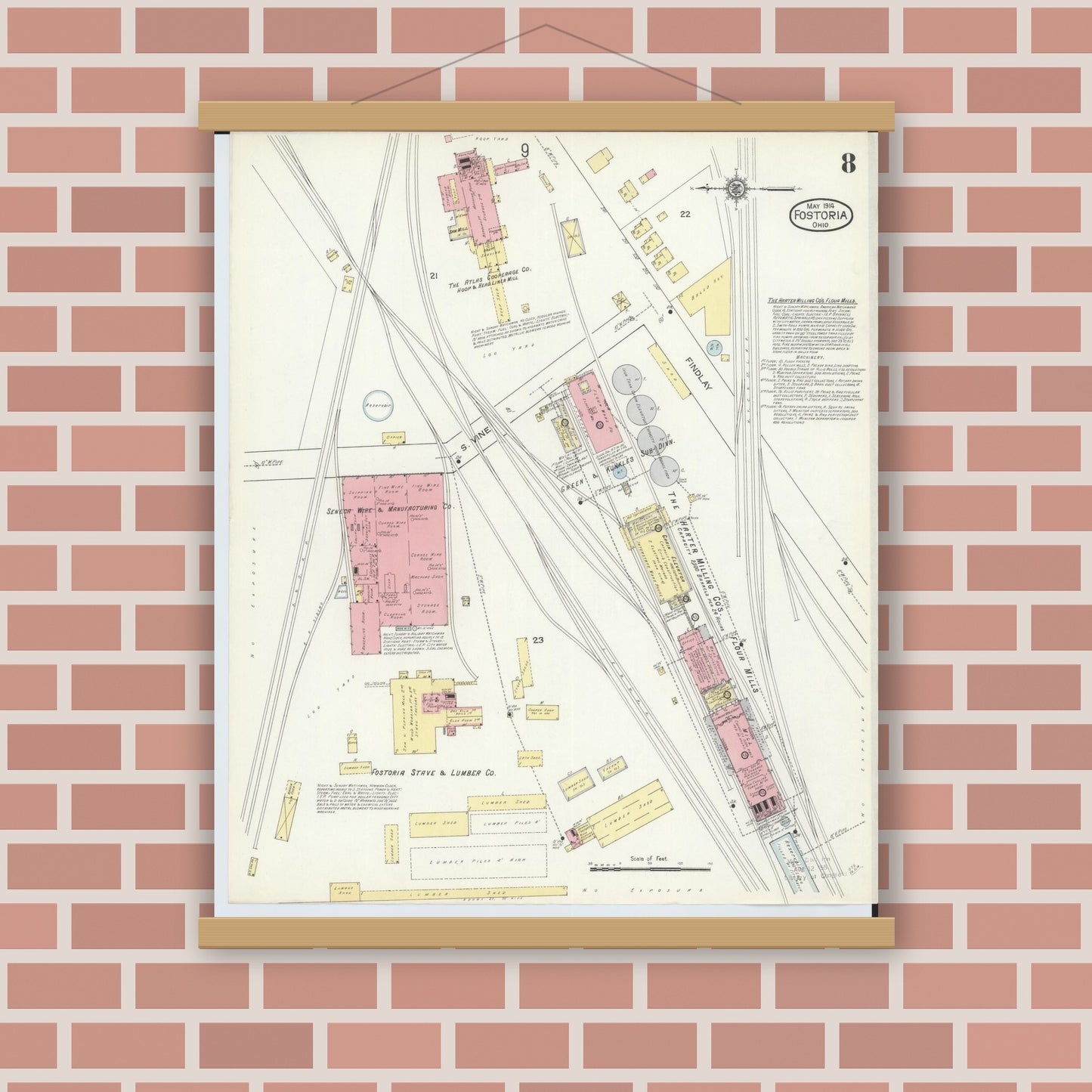 Old map wall art mockup — magnetic wood frame on brick wall — Sanborn Fire Insurance Map from Fostoria, Seneca, Hancock, And Wood Counties, Ohio (1914), Sheet #0008