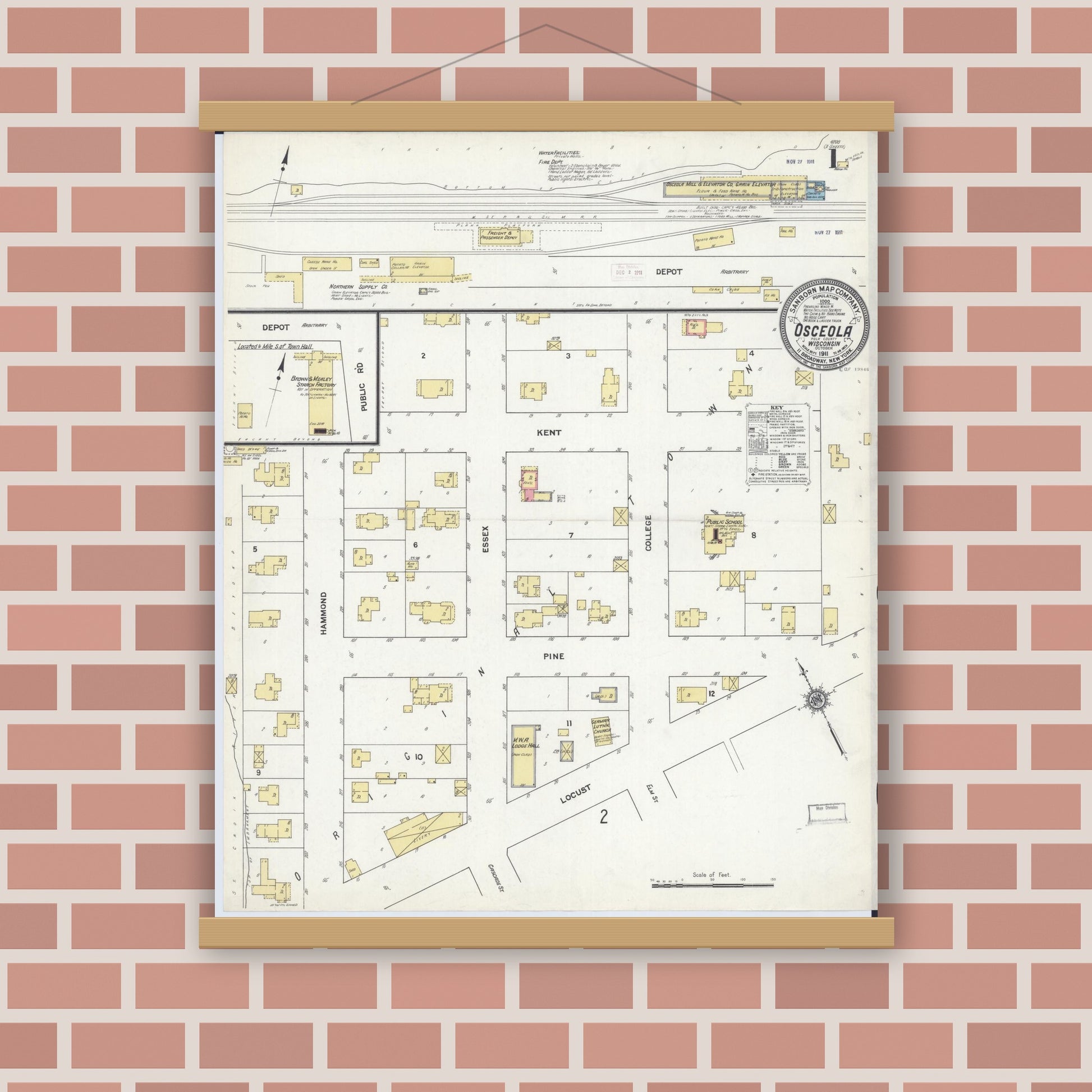 Old map wall art mockup — magnetic wood frame on brick wall — Sanborn Fire Insurance Map from Osceola, Polk County, Wisconsin (1911), Sheet #0001