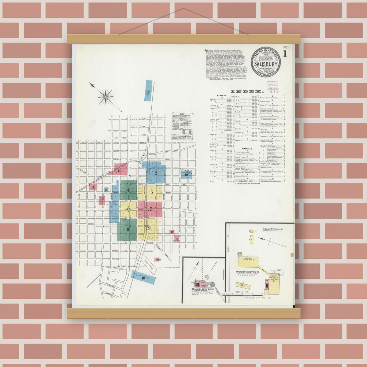 Old map wall art mockup — magnetic wood frame on brick wall — Sanborn Fire Insurance Map from Salisbury, Rowan County, North Carolina (1902) - Complete Map Set