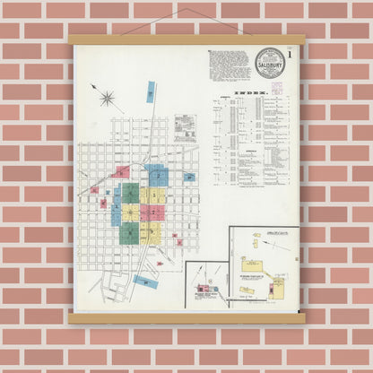 Old map wall art mockup — magnetic wood frame on brick wall — Sanborn Fire Insurance Map from Salisbury, Rowan County, North Carolina (1902) - Complete Map Set
