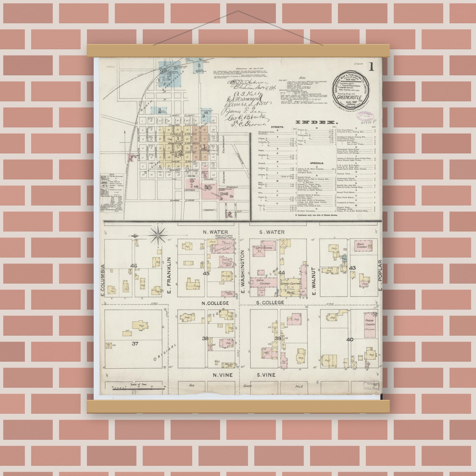 Old map wall art mockup — magnetic wood frame on brick wall — Sanborn Fire Insurance Map from Greencastle, Putnam County, Indiana (1887) - Complete Map Set