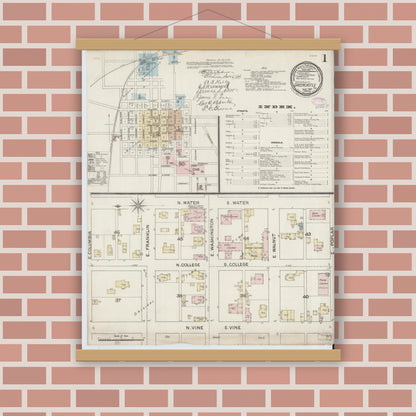 Old map wall art mockup — magnetic wood frame on brick wall — Sanborn Fire Insurance Map from Greencastle, Putnam County, Indiana (1887) - Complete Map Set