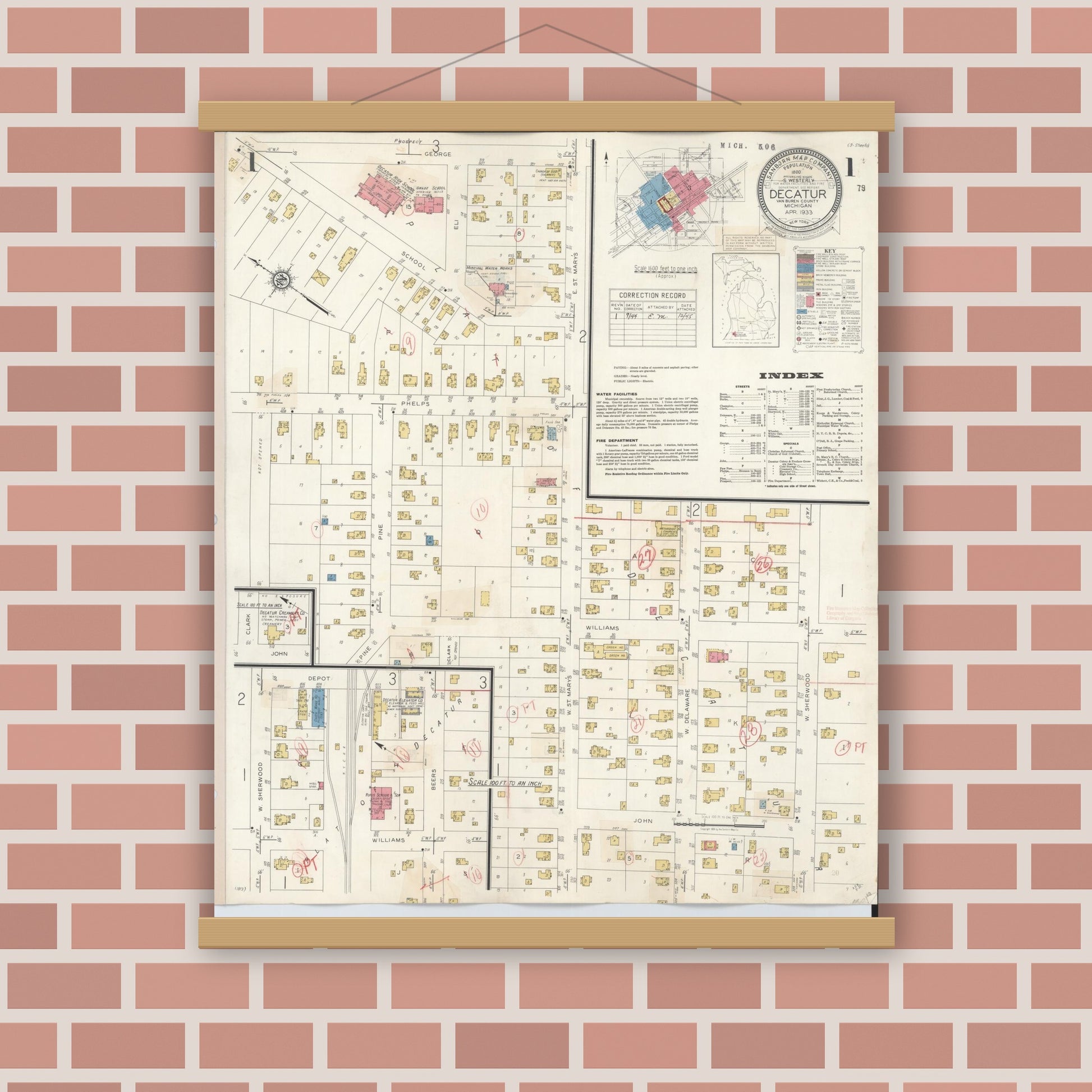 Old map wall art mockup — magnetic wood frame on brick wall — Sanborn Fire Insurance Map from Decatur, Van Buren County, Michigan (1944) - Complete Map Set