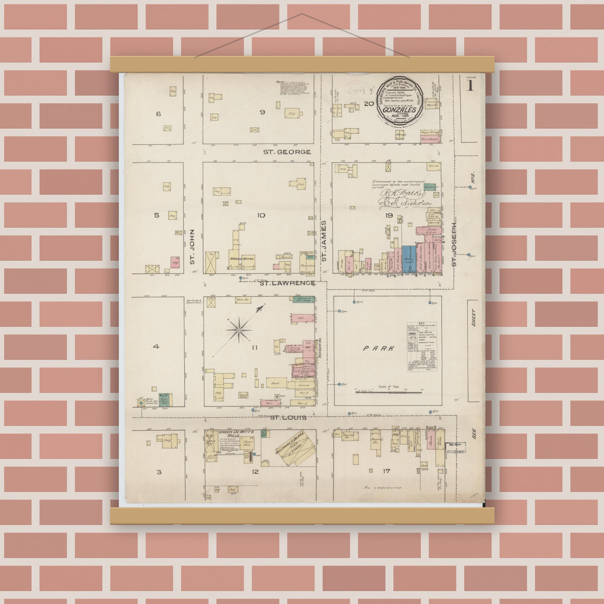 Old map wall art mockup — magnetic wood frame on brick wall — Sanborn Fire Insurance Map from Gonzales, Gonzales County, Texas (1885) - Complete Map Set