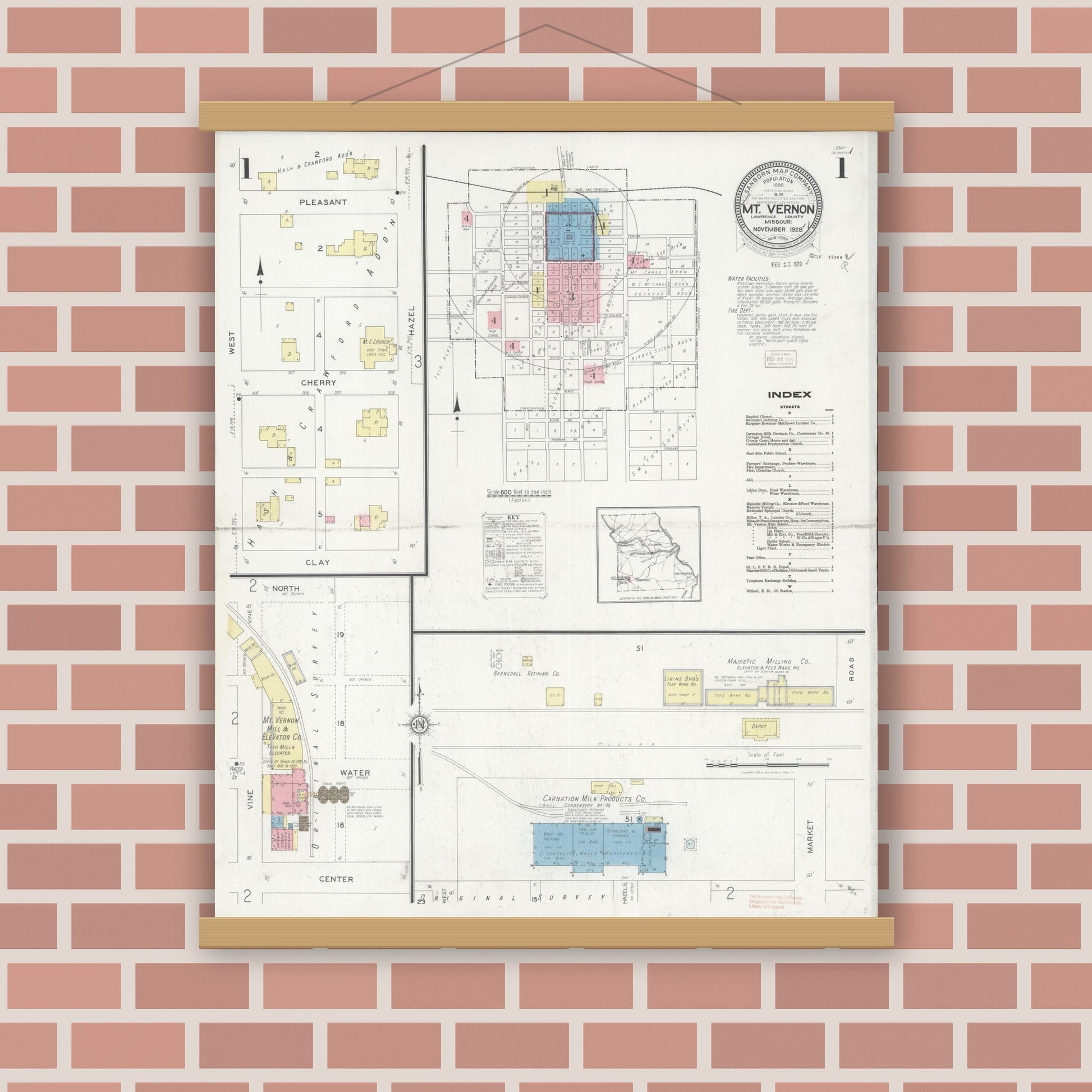 Old map wall art mockup — magnetic wood frame on brick wall — Sanborn Fire Insurance Map from Mount Vernon, Lawrence County, Missouri (1928), Sheet #0001