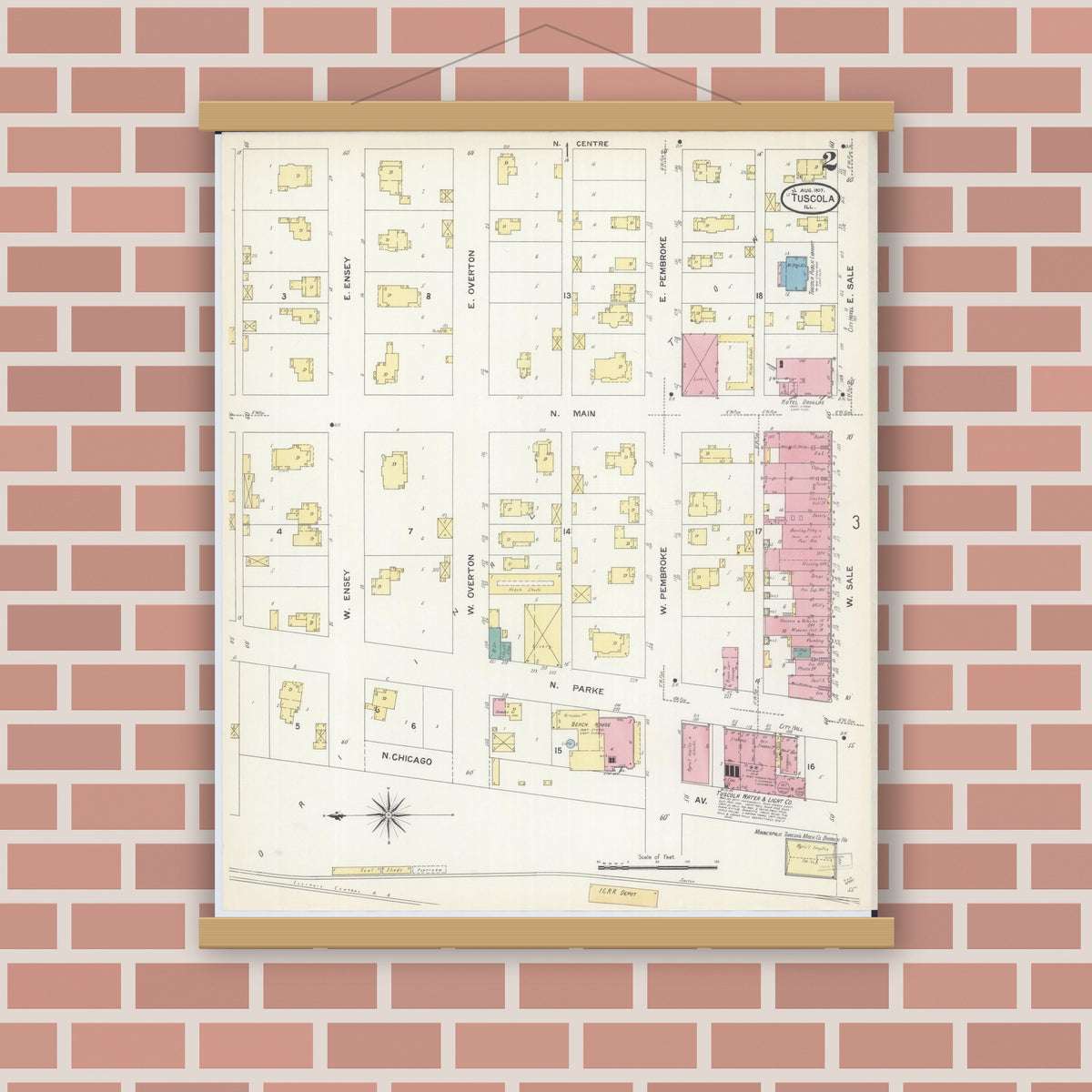 Old map wall art mockup — magnetic wood frame on brick wall — Sanborn Fire Insurance Map from Tuscola, Douglas County, Illinois (1907), Sheet #0002