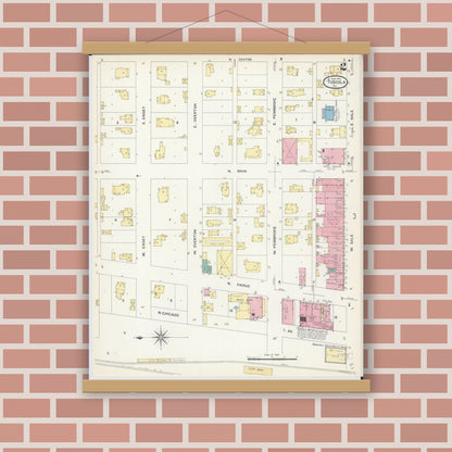 Old map wall art mockup — magnetic wood frame on brick wall — Sanborn Fire Insurance Map from Tuscola, Douglas County, Illinois (1907), Sheet #0002