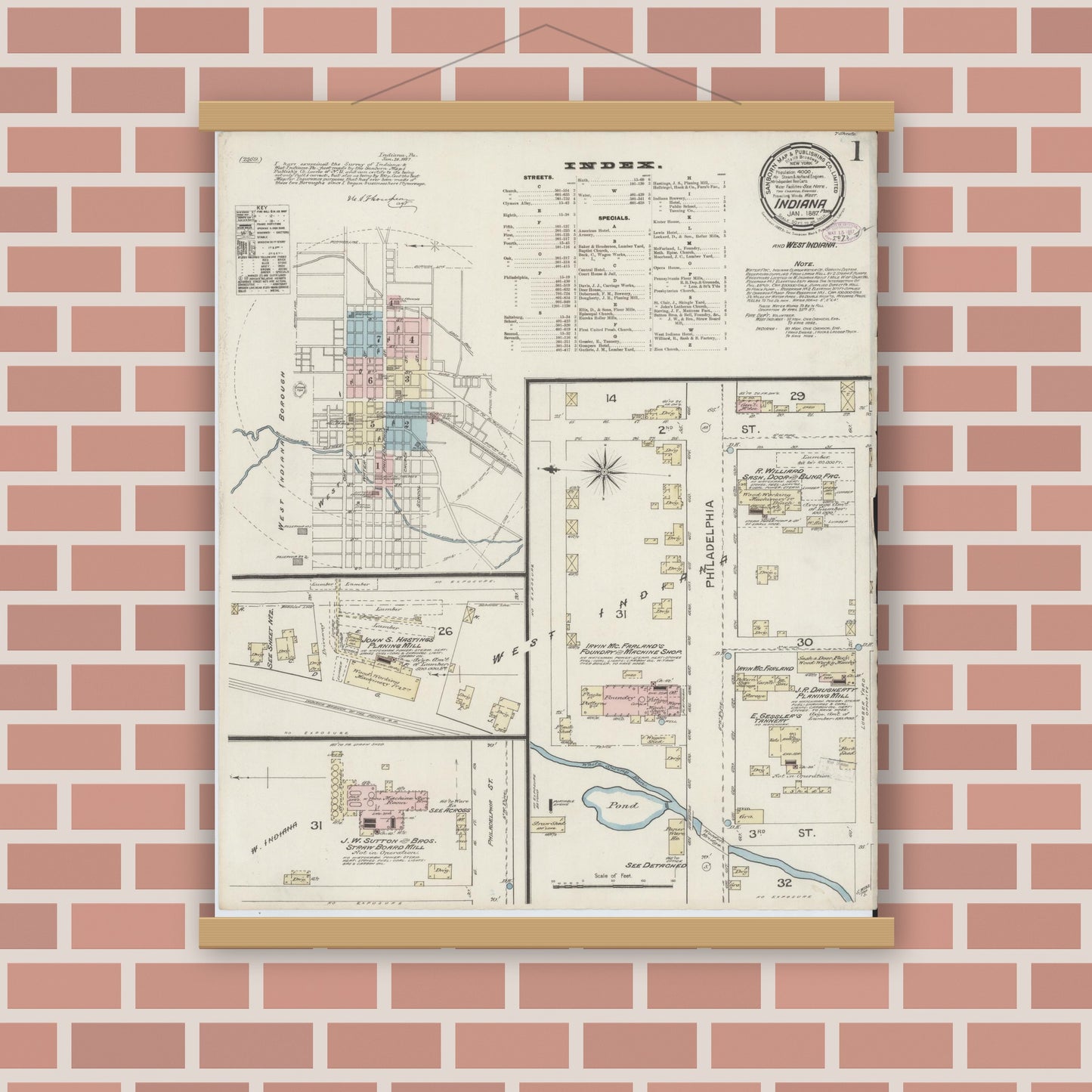 Old map wall art mockup — magnetic wood frame on brick wall — Sanborn Fire Insurance Map from Indiana, Indiana County, Pennsylvania (1887), Sheet #0001