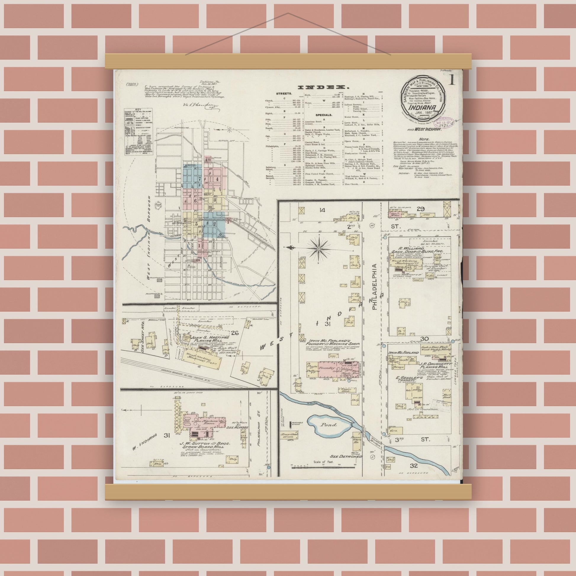 Old map wall art mockup — magnetic wood frame on brick wall — Sanborn Fire Insurance Map from Indiana, Indiana County, Pennsylvania (1887), Sheet #0001