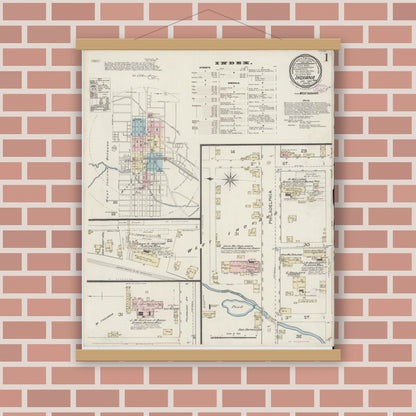 Old map wall art mockup — magnetic wood frame on brick wall — Sanborn Fire Insurance Map from Indiana, Indiana County, Pennsylvania (1887), Sheet #0001