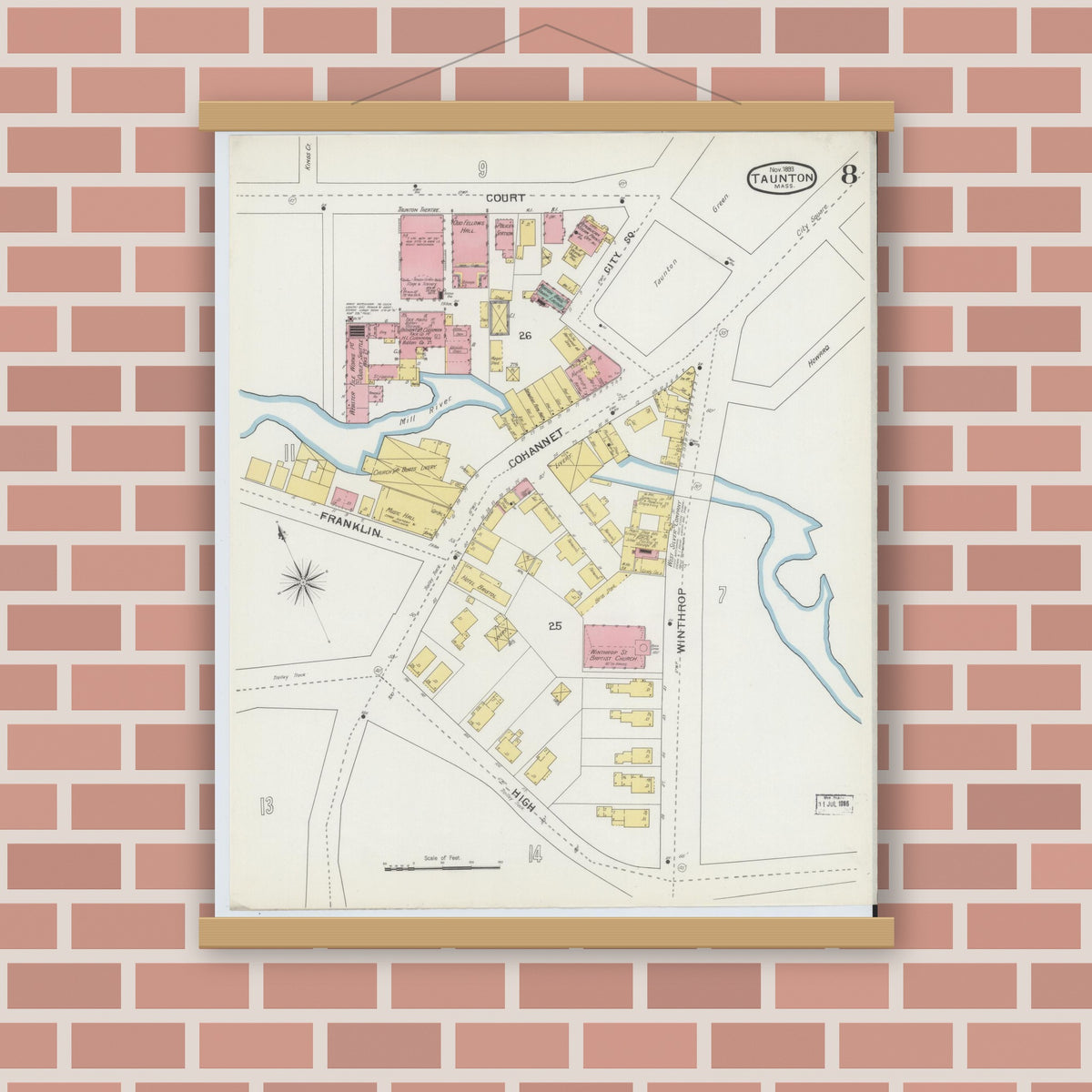 Old map wall art mockup — magnetic wood frame on brick wall — Sanborn Fire Insurance Map from Taunton, Bristol County, Massachusetts (1893), Sheet #0008