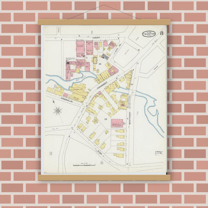 Old map wall art mockup — magnetic wood frame on brick wall — Sanborn Fire Insurance Map from Taunton, Bristol County, Massachusetts (1893), Sheet #0008