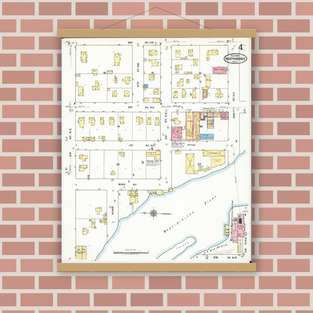 Old map wall art mockup — magnetic wood frame on brick wall — Sanborn Fire Insurance Map from Independence, Buchanan County, Iowa (1920), Sheet #0004