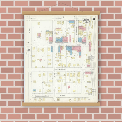 Old map wall art mockup — magnetic wood frame on brick wall — Sanborn Fire Insurance Map from Nevada, Vernon County, Missouri (1914), Sheet #0008