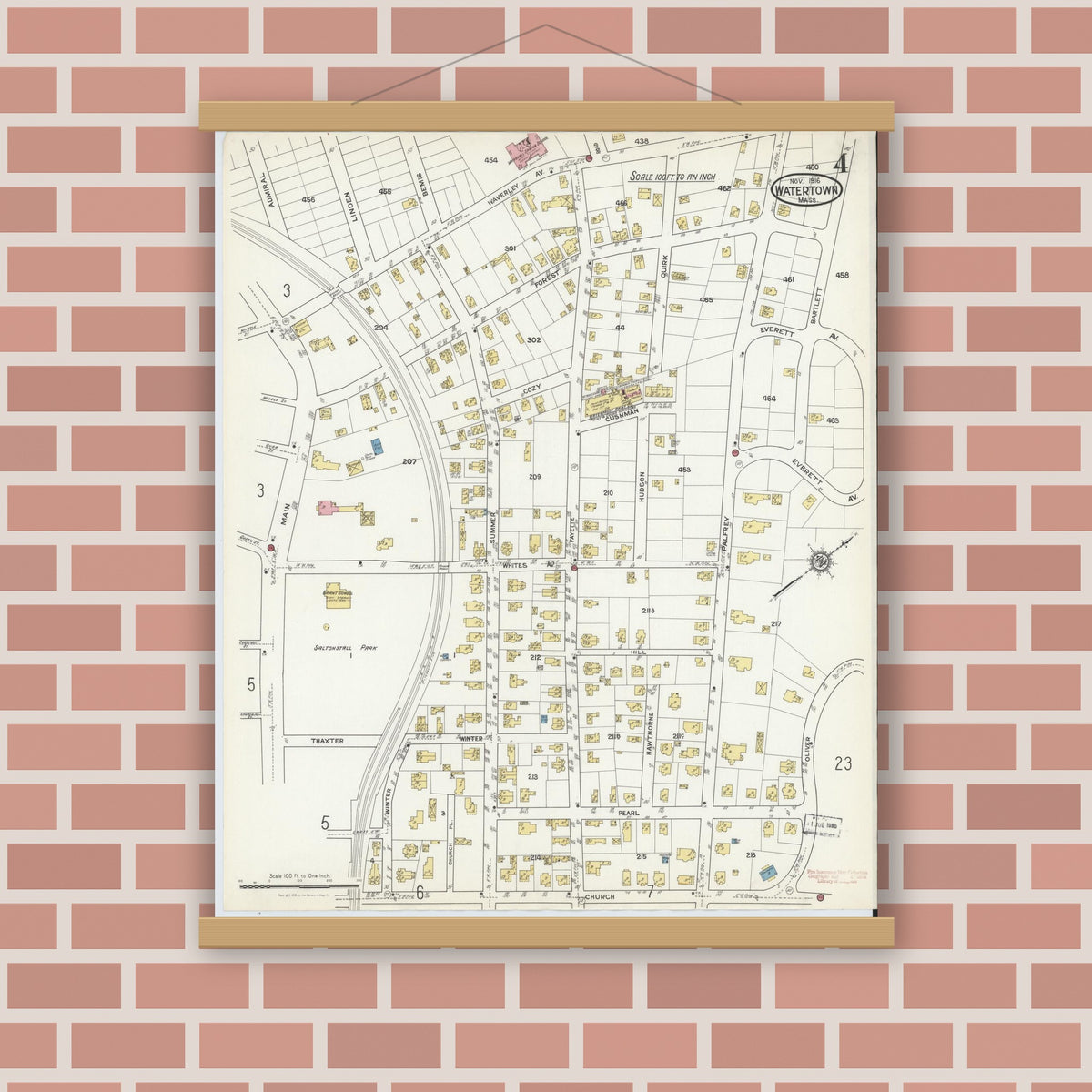Old map wall art mockup — magnetic wood frame on brick wall — Sanborn Fire Insurance Map from Watertown, Middlesex County, Massachusetts (1916), Sheet #0004