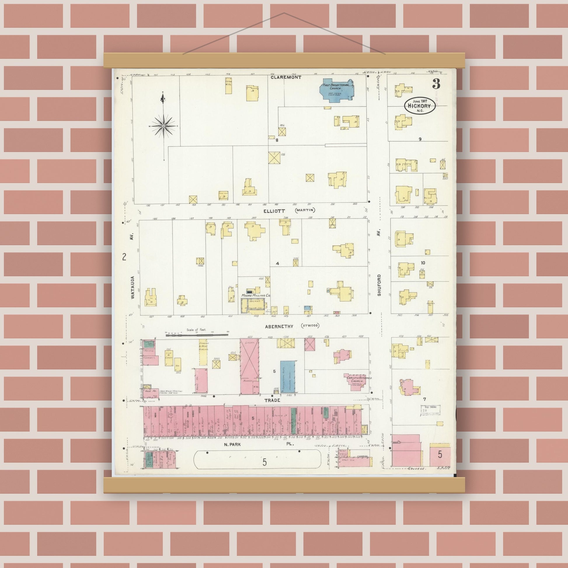 Old map wall art mockup — magnetic wood frame on brick wall — Sanborn Fire Insurance Map from Hickory, Catawba County, North Carolina (1907), Sheet #0003