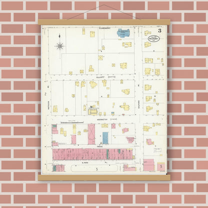 Old map wall art mockup — magnetic wood frame on brick wall — Sanborn Fire Insurance Map from Hickory, Catawba County, North Carolina (1907), Sheet #0003