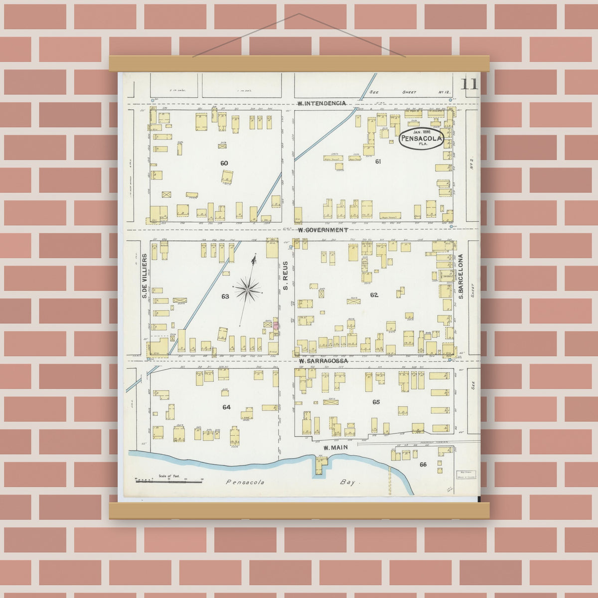 Old map wall art mockup — magnetic wood frame on brick wall — Sanborn Fire Insurance Map from Pensacola, Escambia County, Florida (1892), Sheet #0011