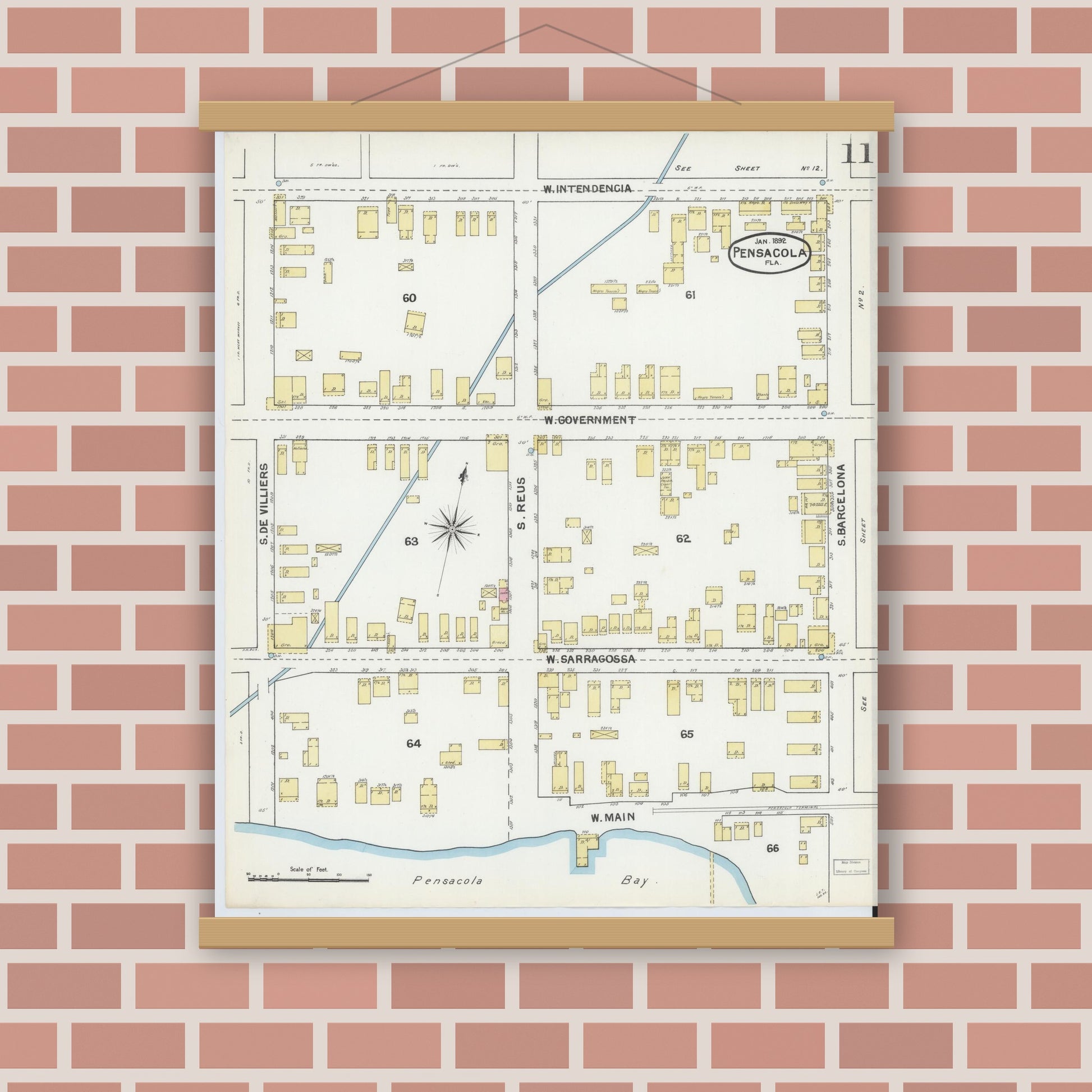 Old map wall art mockup — magnetic wood frame on brick wall — Sanborn Fire Insurance Map from Pensacola, Escambia County, Florida (1892), Sheet #0011