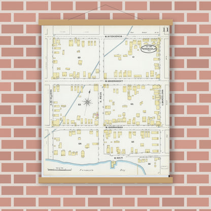 Old map wall art mockup — magnetic wood frame on brick wall — Sanborn Fire Insurance Map from Pensacola, Escambia County, Florida (1892), Sheet #0011