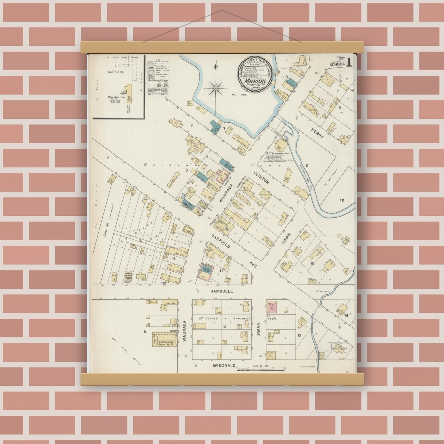 Old map wall art mockup — magnetic wood frame on brick wall — Sanborn Fire Insurance Map from Marion, Waupaca County, Wisconsin (1894) - Complete Map Set
