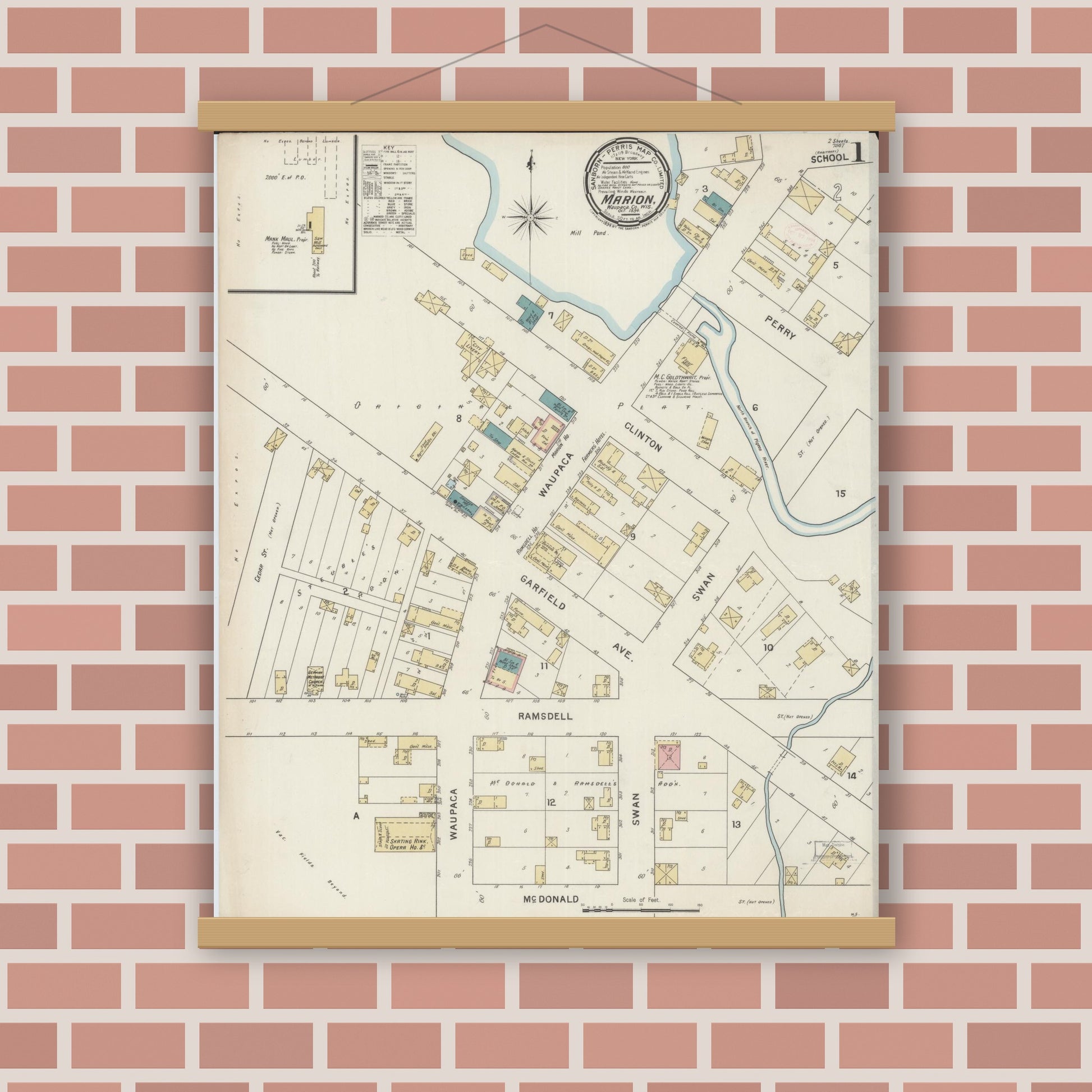 Old map wall art mockup — magnetic wood frame on brick wall — Sanborn Fire Insurance Map from Marion, Waupaca County, Wisconsin (1894) - Complete Map Set
