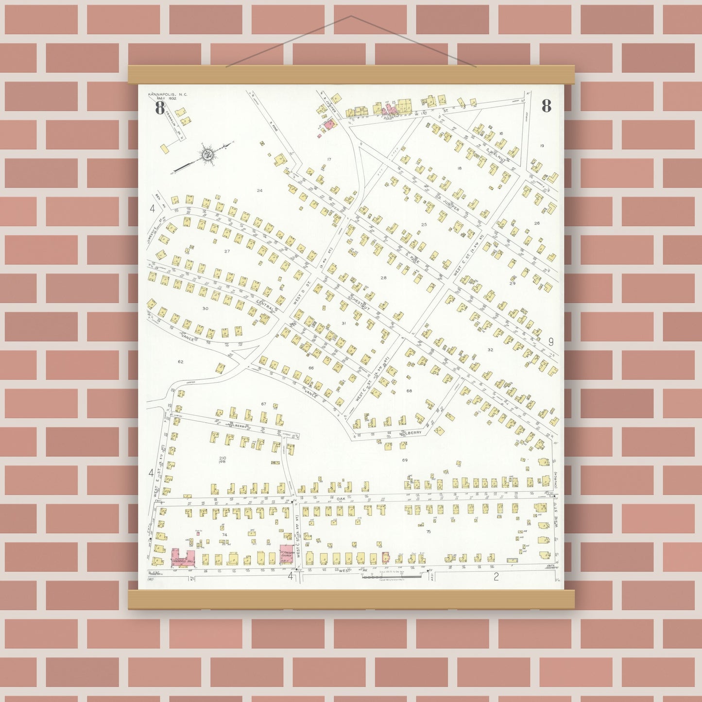 Old map wall art mockup — magnetic wood frame on brick wall — Sanborn Fire Insurance Map from Kannapolis, Rowan And Cabarrus Counties, North Carolina (1932), Sheet #0008
