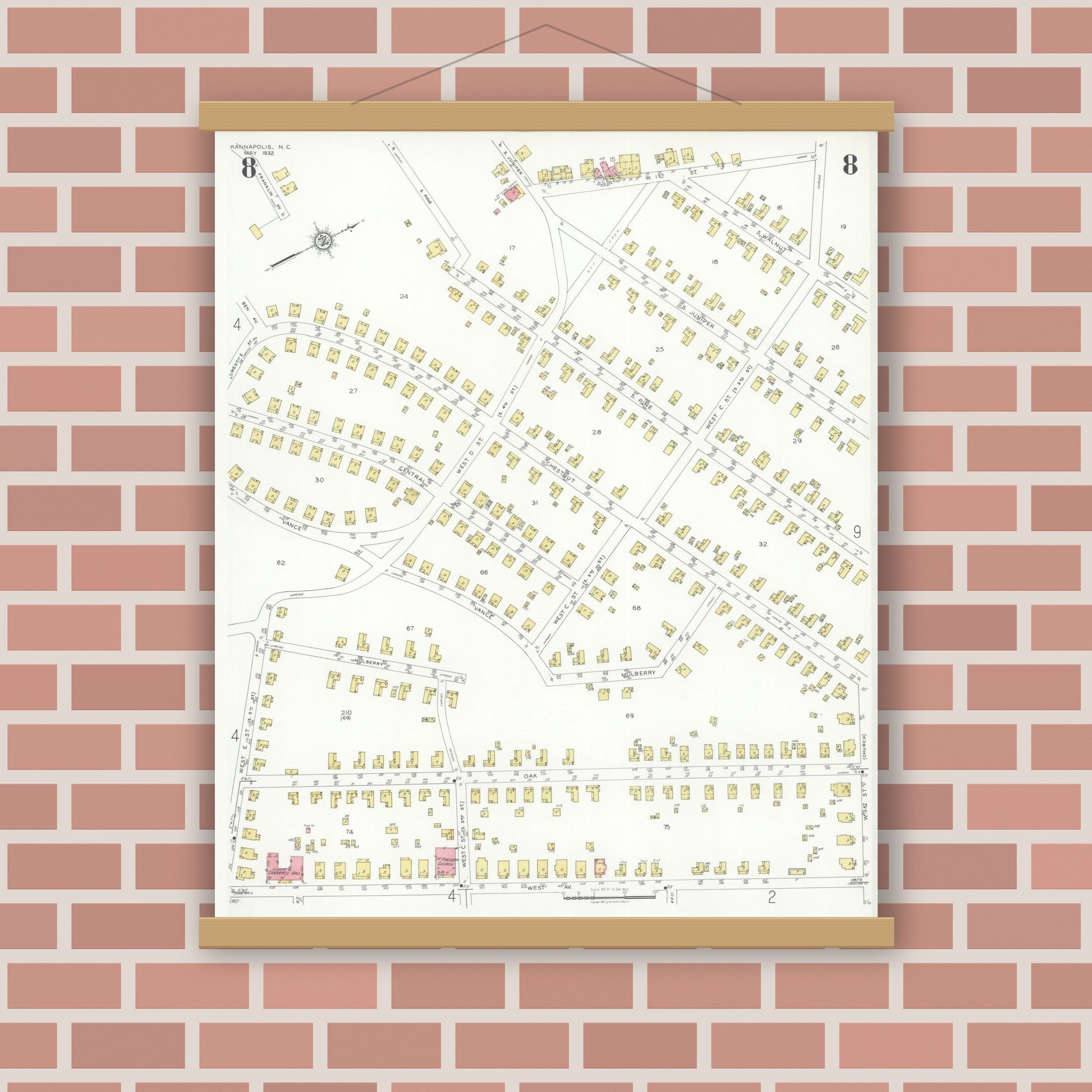 Old map wall art mockup — magnetic wood frame on brick wall — Sanborn Fire Insurance Map from Kannapolis, Rowan And Cabarrus Counties, North Carolina (1932), Sheet #0008