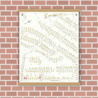 Old map wall art mockup — magnetic wood frame on brick wall — Sanborn Fire Insurance Map from Kannapolis, Rowan And Cabarrus Counties, North Carolina (1932), Sheet #0008