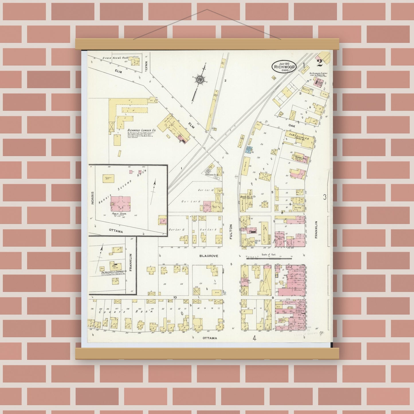 Old map wall art mockup — magnetic wood frame on brick wall — Sanborn Fire Insurance Map from Richwood, Union County, Ohio (1910), Sheet #0002