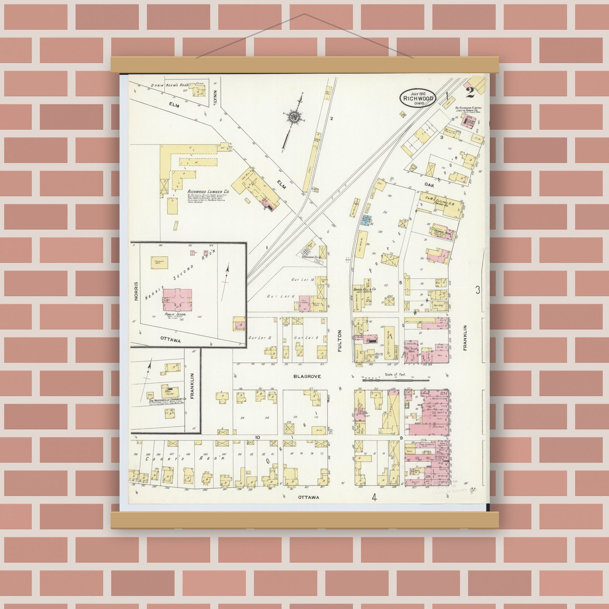 Old map wall art mockup — magnetic wood frame on brick wall — Sanborn Fire Insurance Map from Richwood, Union County, Ohio (1910), Sheet #0002