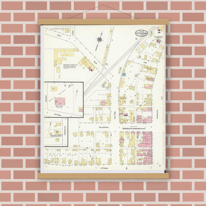 Old map wall art mockup — magnetic wood frame on brick wall — Sanborn Fire Insurance Map from Richwood, Union County, Ohio (1910), Sheet #0002
