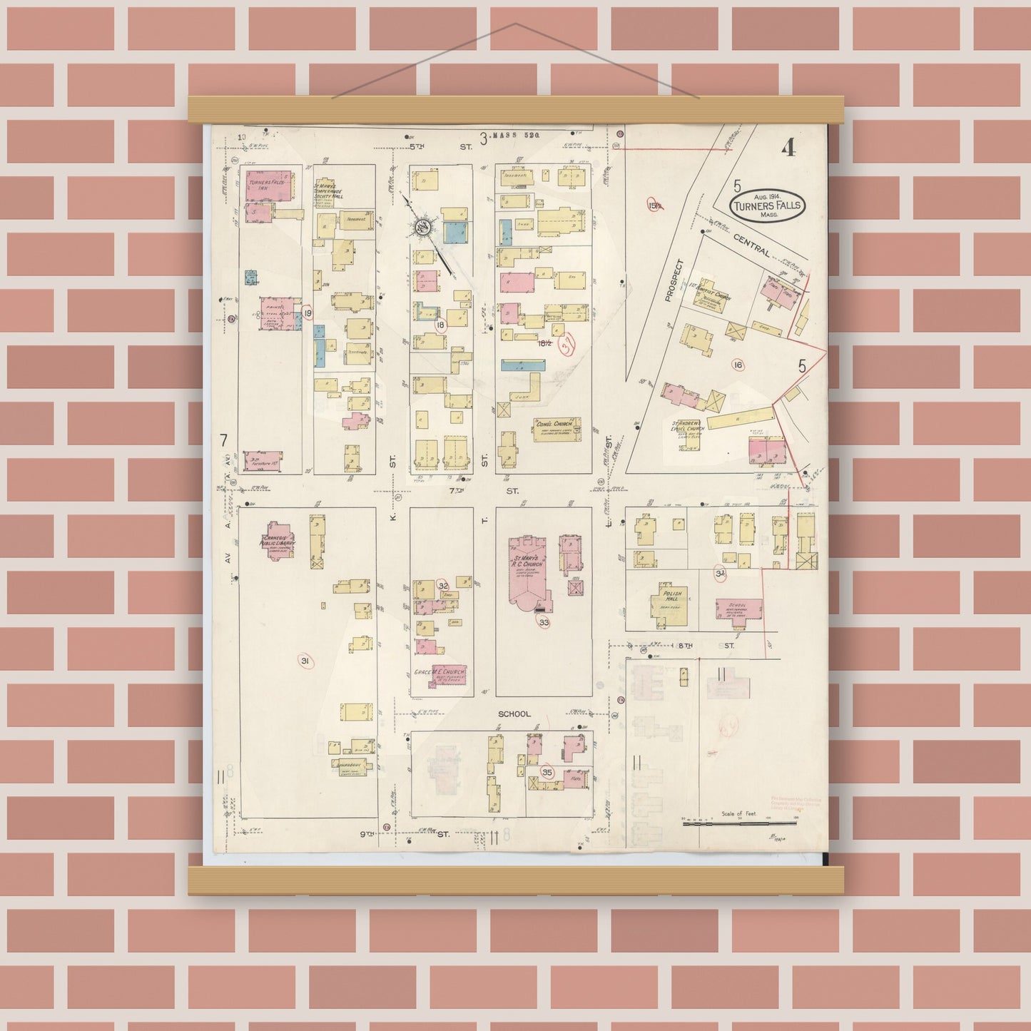Old map wall art mockup — magnetic wood frame on brick wall — Sanborn Fire Insurance Map from Turners Falls, Franklin County, Massachusetts (1940), Sheet #0004