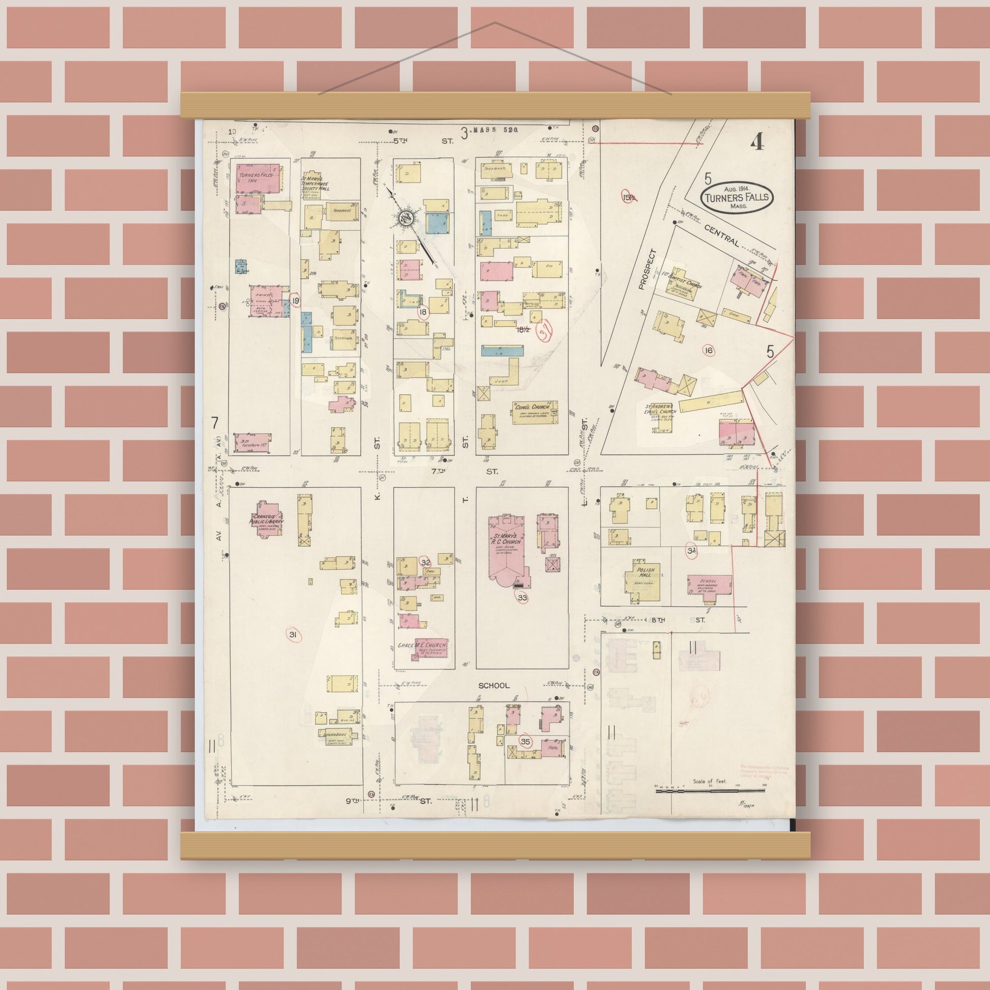 Old map wall art mockup — magnetic wood frame on brick wall — Sanborn Fire Insurance Map from Turners Falls, Franklin County, Massachusetts (1940), Sheet #0004