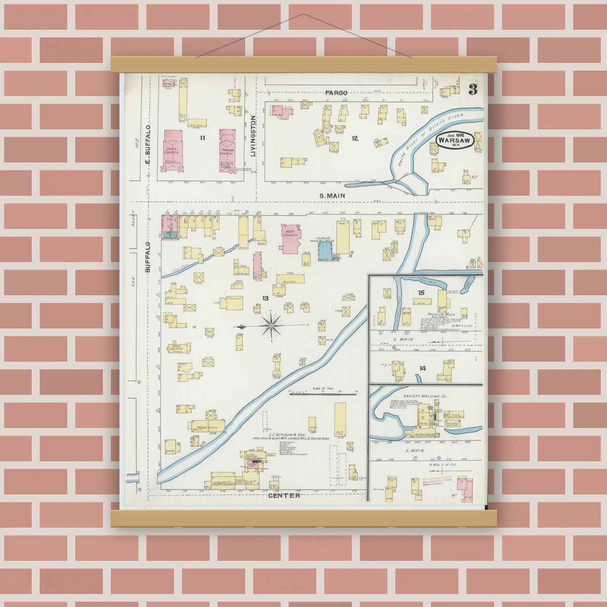 Old map wall art mockup — magnetic wood frame on brick wall — Sanborn Fire Insurance Map from Warsaw, Wyoming County, New York (1892), Sheet #0003