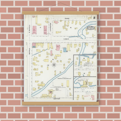 Old map wall art mockup — magnetic wood frame on brick wall — Sanborn Fire Insurance Map from Warsaw, Wyoming County, New York (1892), Sheet #0003