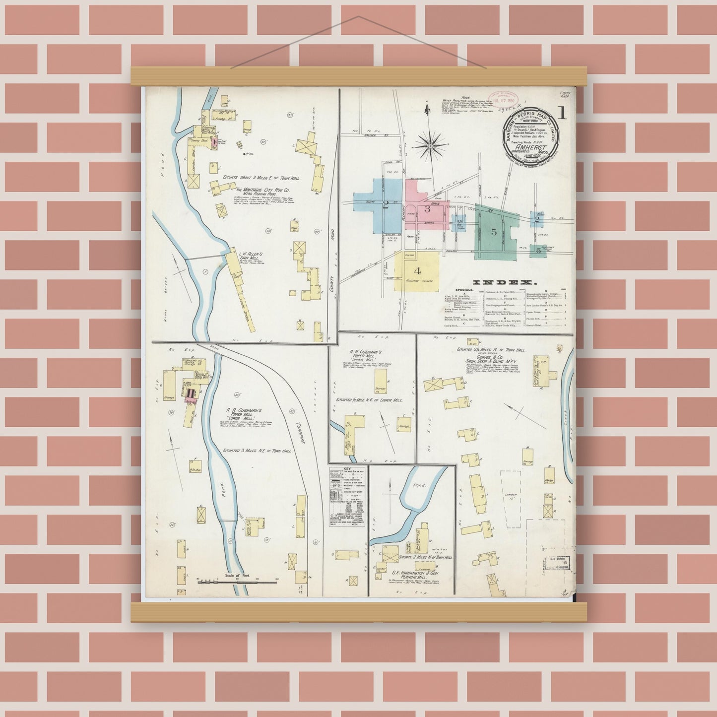Old map wall art mockup — magnetic wood frame on brick wall — Sanborn Fire Insurance Map from Amherst, Hampshire County, Massachusetts (1892) - Complete Map Set