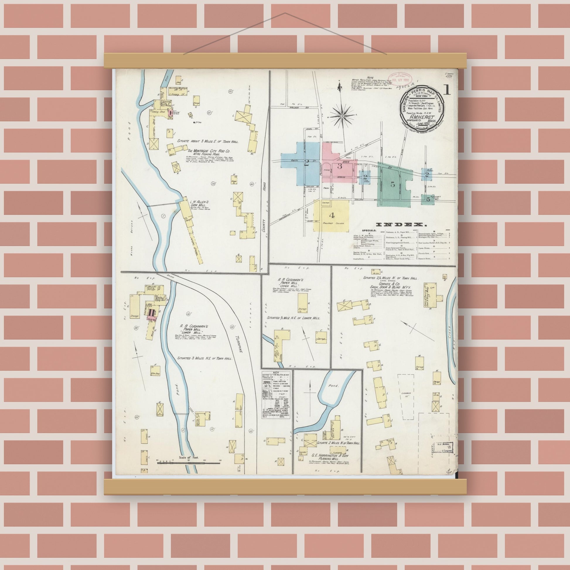 Old map wall art mockup — magnetic wood frame on brick wall — Sanborn Fire Insurance Map from Amherst, Hampshire County, Massachusetts (1892) - Complete Map Set