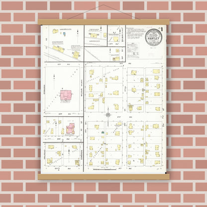 Old map wall art mockup — magnetic wood frame on brick wall — Sanborn Fire Insurance Map from Hartley, O'Brien County, Iowa (1909), Sheet #0001