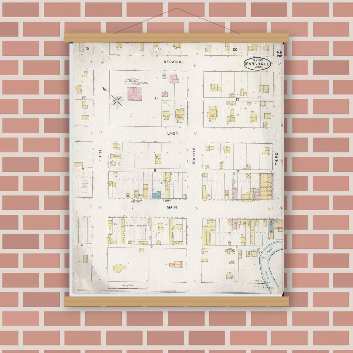Old map wall art mockup — magnetic wood frame on brick wall — Sanborn Fire Insurance Map from Marshall, Lyon County, Minnesota (1892), Sheet #0002
