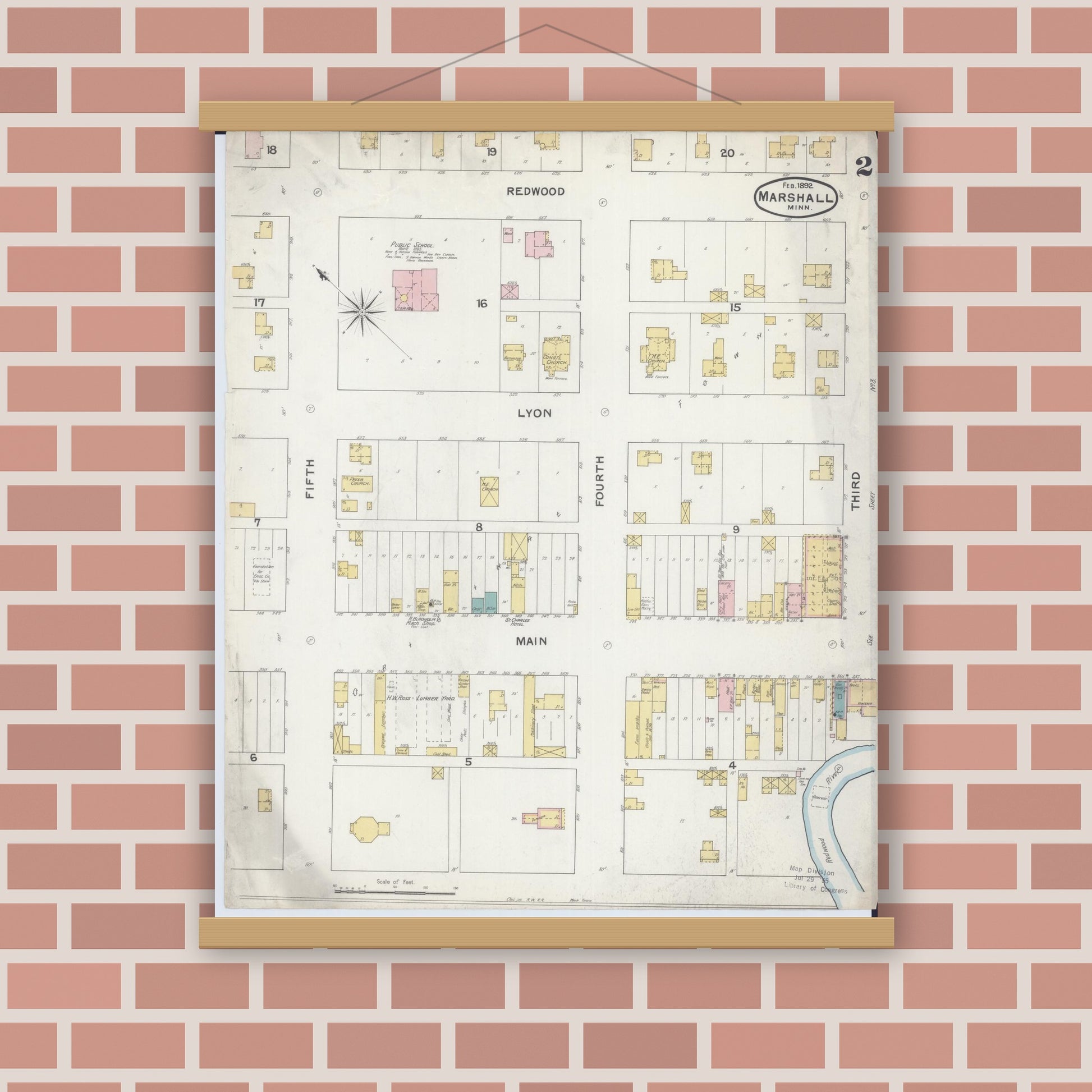 Old map wall art mockup — magnetic wood frame on brick wall — Sanborn Fire Insurance Map from Marshall, Lyon County, Minnesota (1892), Sheet #0002