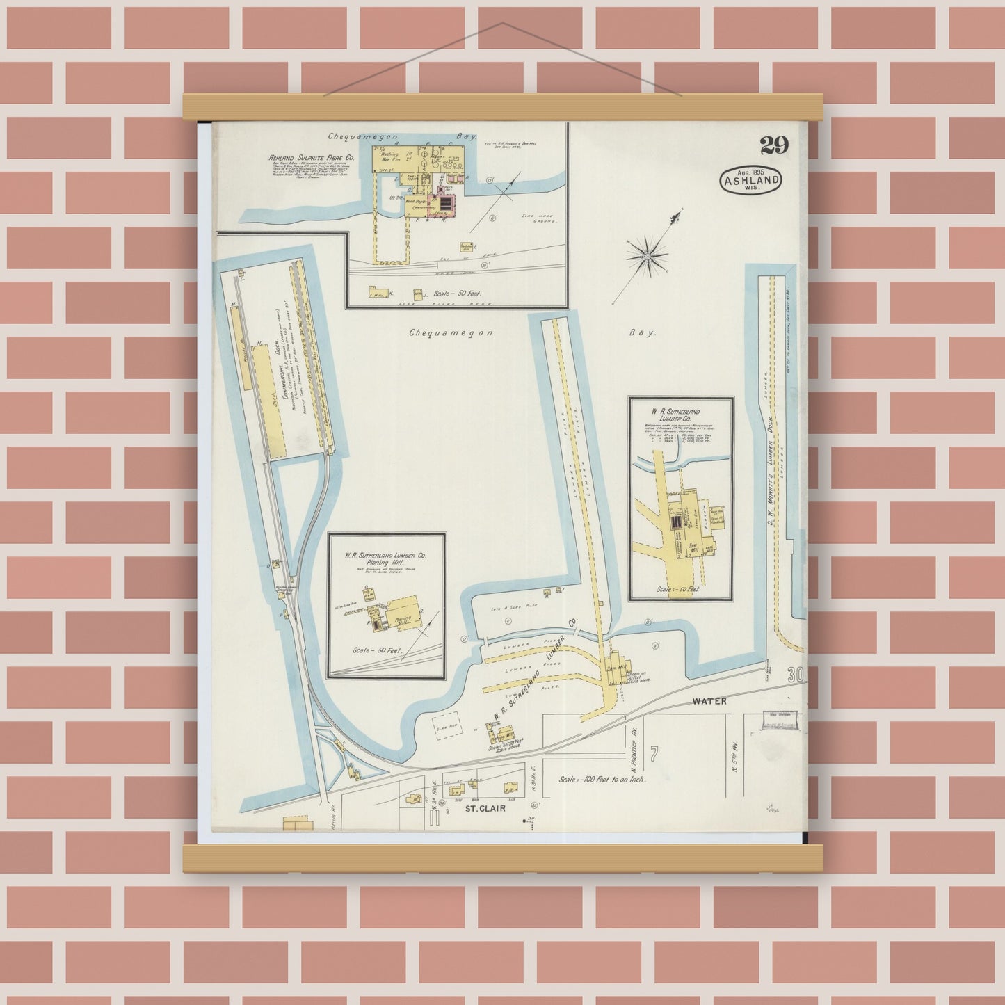 Old map wall art mockup — magnetic wood frame on brick wall — Sanborn Fire Insurance Map from Ashland, Ashland County, Wisconsin (1895), Sheet #0029