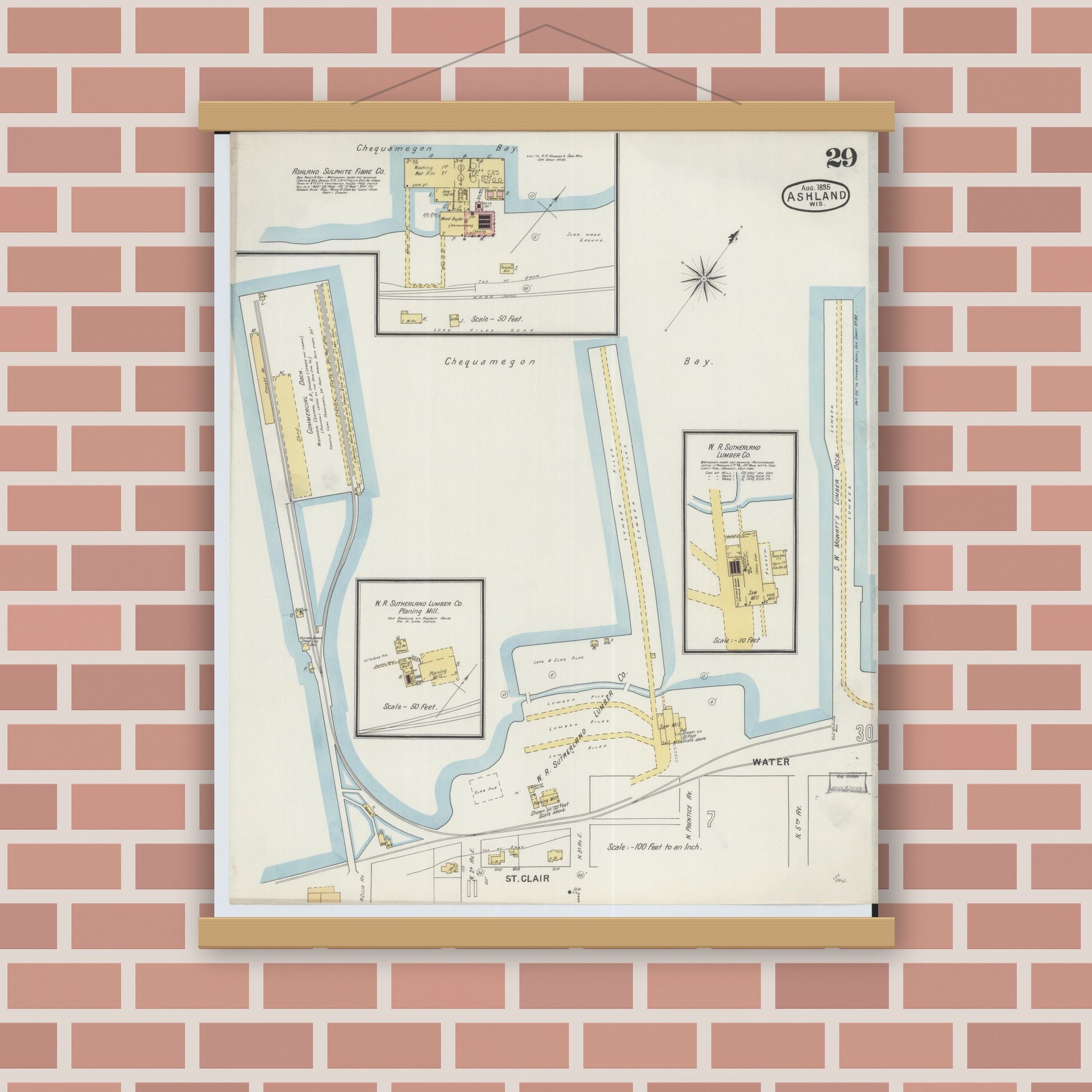 Old map wall art mockup — magnetic wood frame on brick wall — Sanborn Fire Insurance Map from Ashland, Ashland County, Wisconsin (1895), Sheet #0029