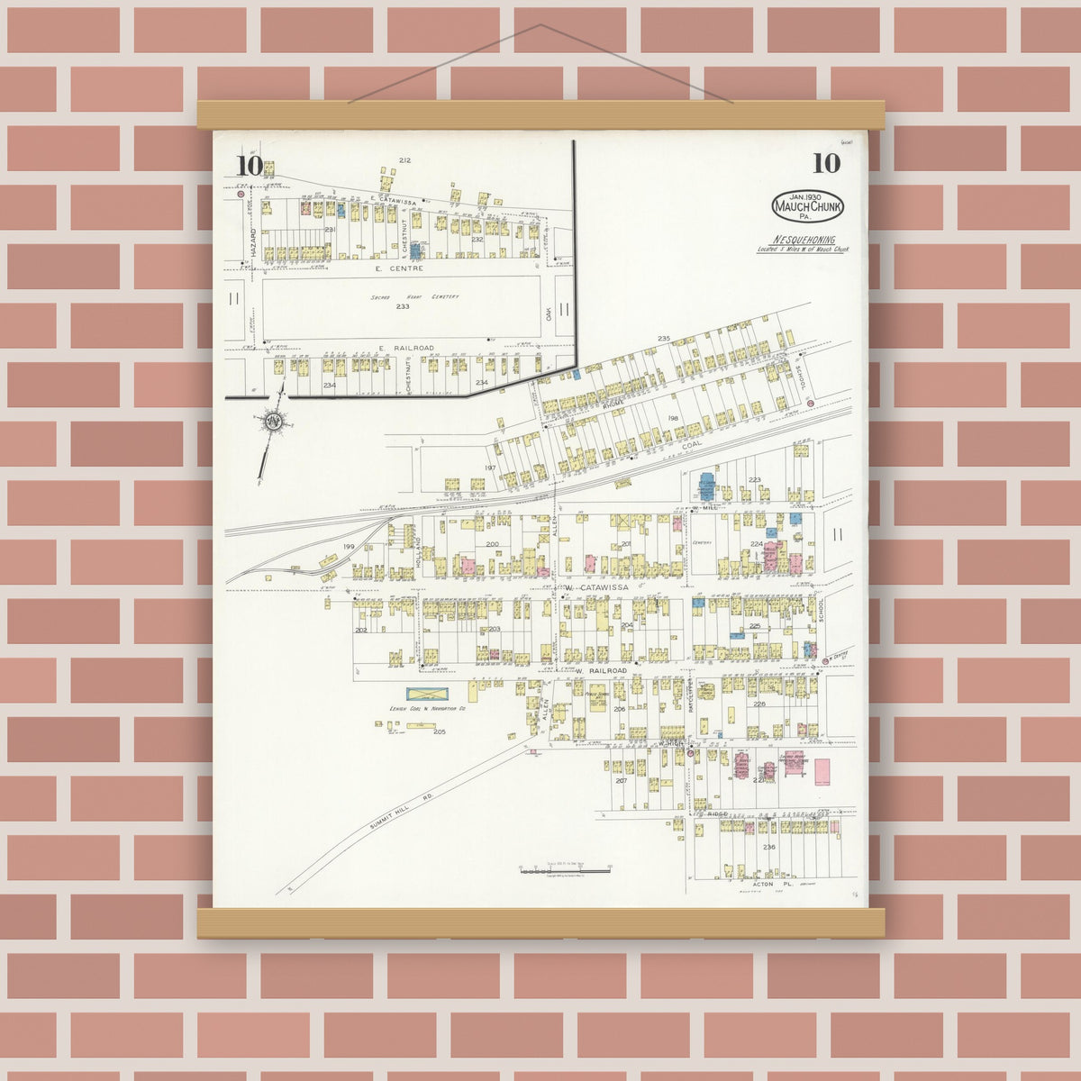 Old map wall art mockup — magnetic wood frame on brick wall — Sanborn Fire Insurance Map from Mauch Chunk, Carbon County, Pennsylvania (1930), Sheet #0010