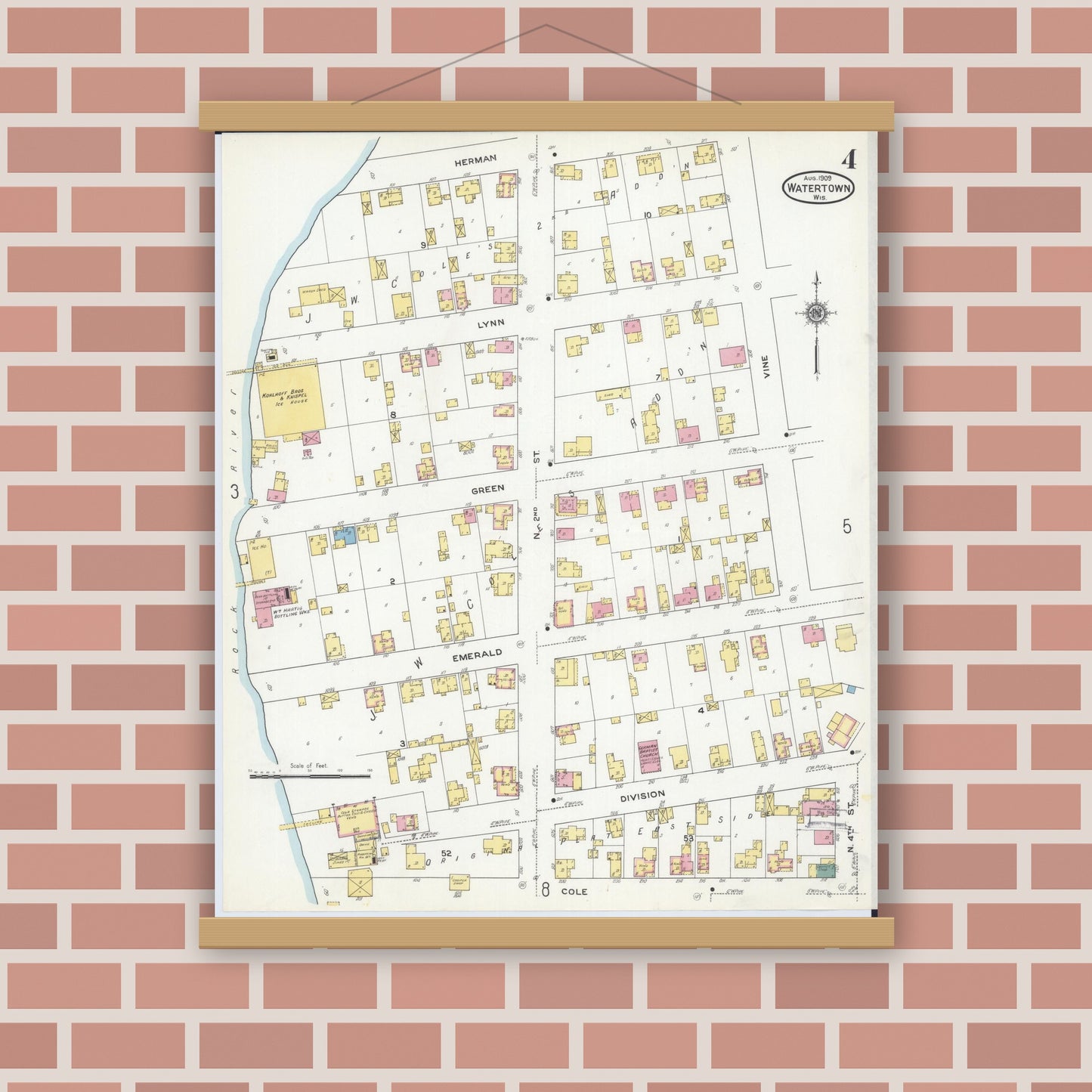 Old map wall art mockup — magnetic wood frame on brick wall — Sanborn Fire Insurance Map from Watertown, Jefferson County, Wisconsin (1909), Sheet #0004
