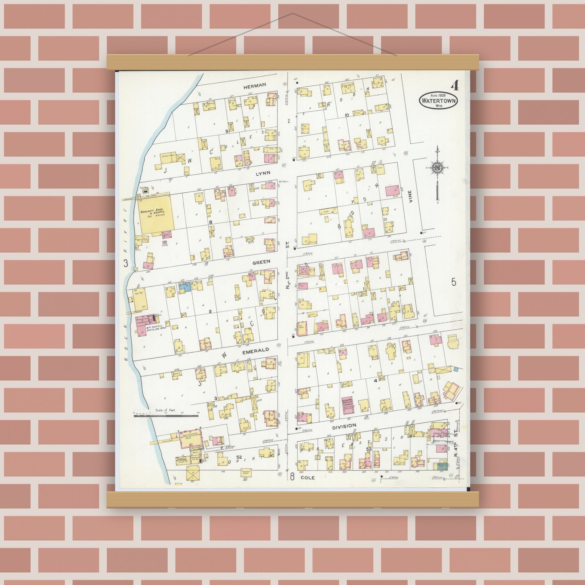 Old map wall art mockup — magnetic wood frame on brick wall — Sanborn Fire Insurance Map from Watertown, Jefferson County, Wisconsin (1909), Sheet #0004