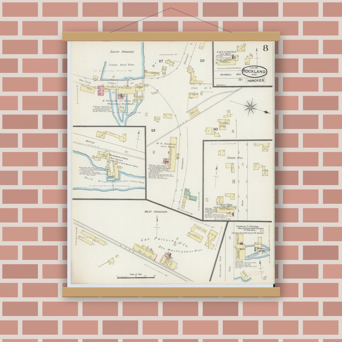 Old map wall art mockup — magnetic wood frame on brick wall — Sanborn Fire Insurance Map from Rockland, Plymouth County, Massachusetts (1891), Sheet #0008