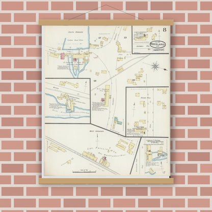 Old map wall art mockup — magnetic wood frame on brick wall — Sanborn Fire Insurance Map from Rockland, Plymouth County, Massachusetts (1891), Sheet #0008